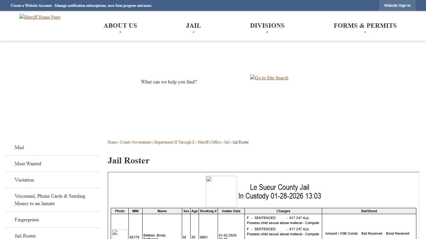 Jail Roster Le Sueur County, MN